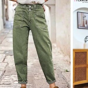 NWT Flamingals Roll Hem Stitch Detail Mid Waist Straight Leg Pants